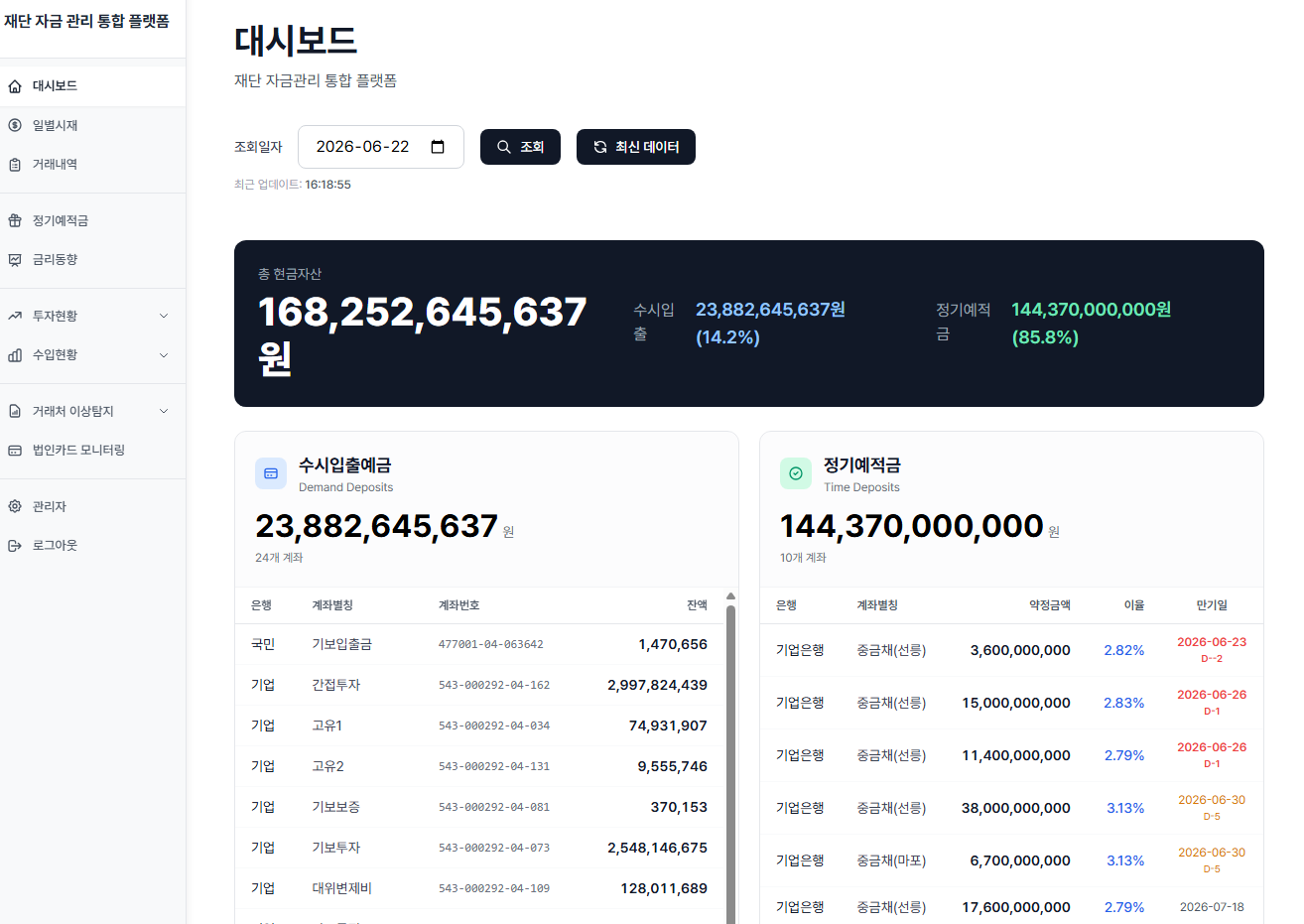 자금관리 플랫폼 화면